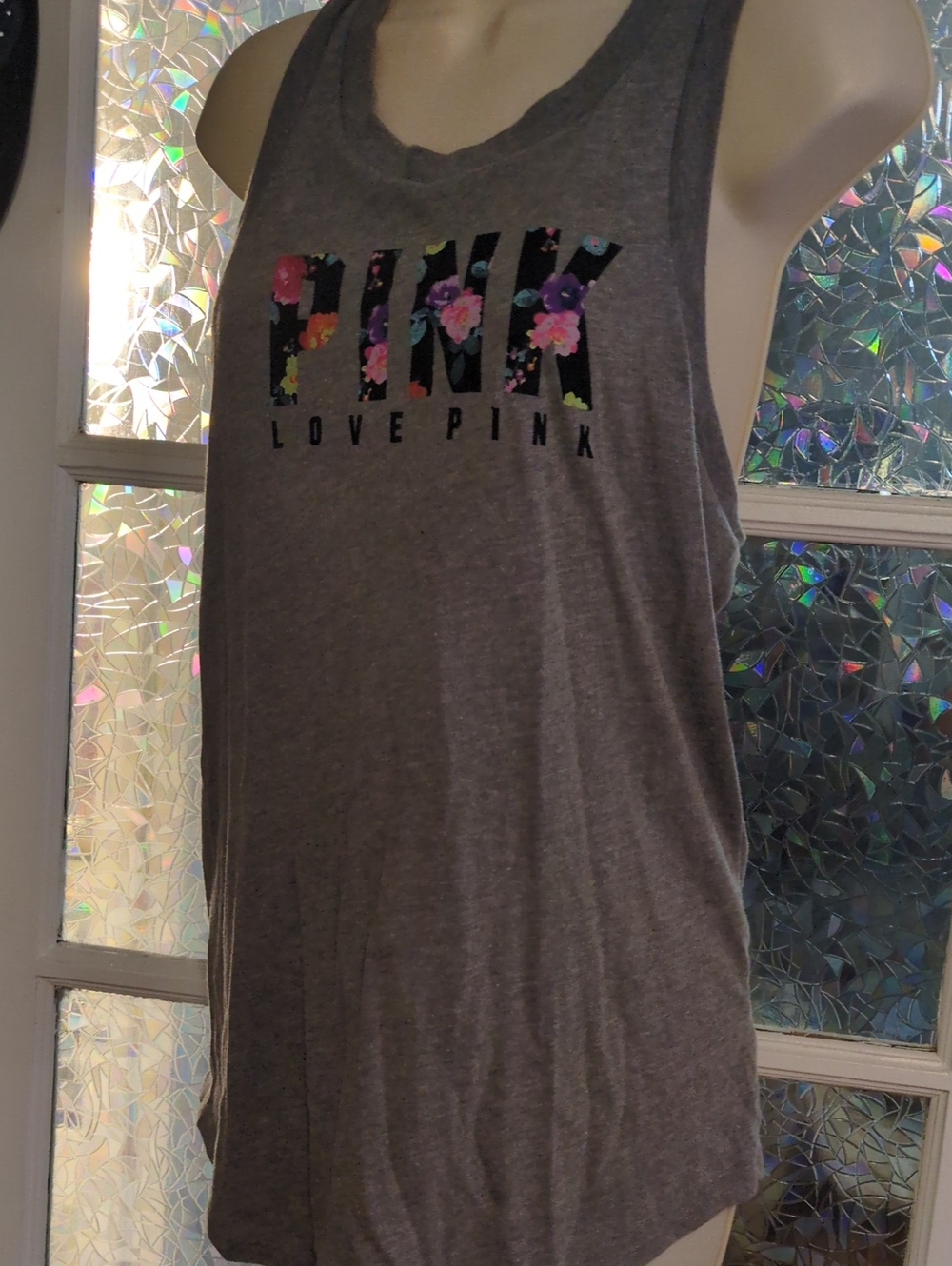 PINK Victoria's Secret Gray Tank Top with Floral Logo